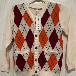 Janie and Jack Cream Cardigan with Orange & Burgundy Argyle